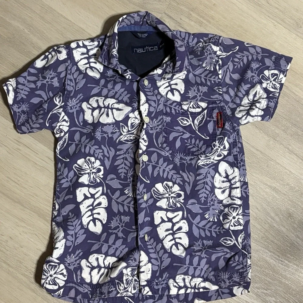 Nautica Hawaiian shirt Kids size 4 Purple Floral Cotton‎ Summer Y2K
